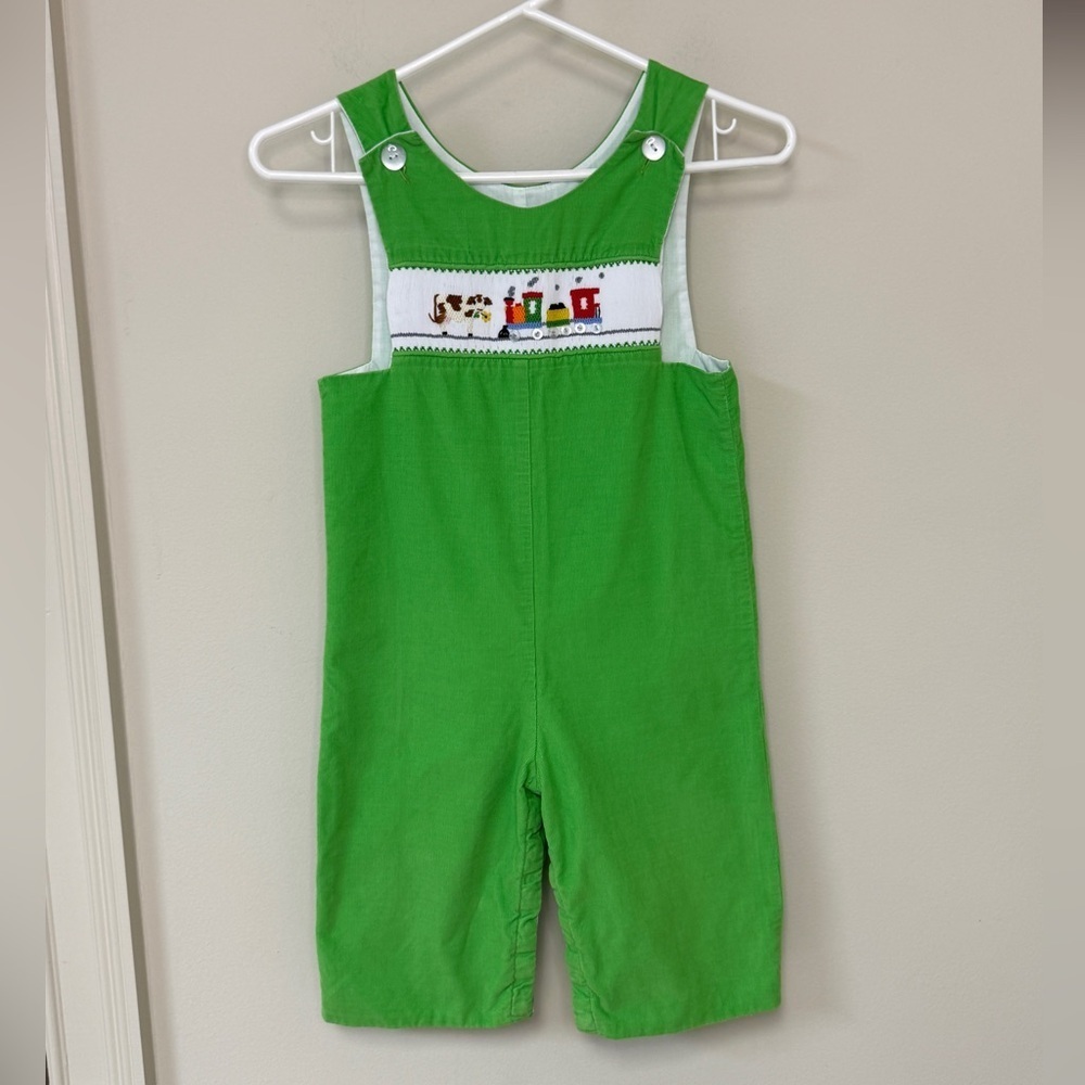 Anvy Kids: Boys Smocked Green Jon Jon, Cows and Train, Size 4T